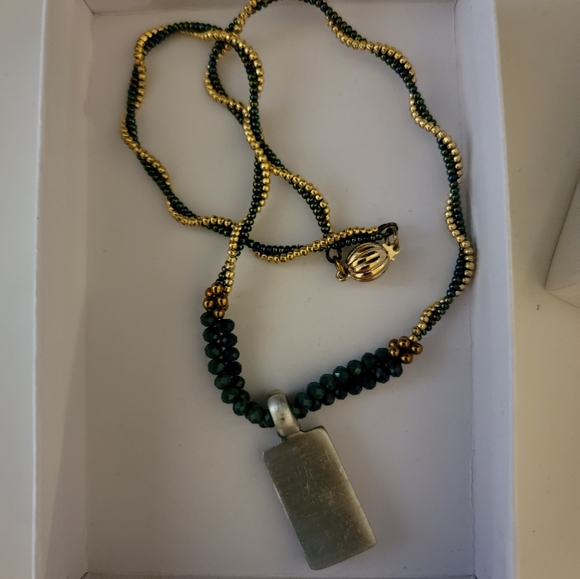 18" Beaded Gold and Green necklace with 1" silver Pendant with rainbow stone - Picture 3 of 11
